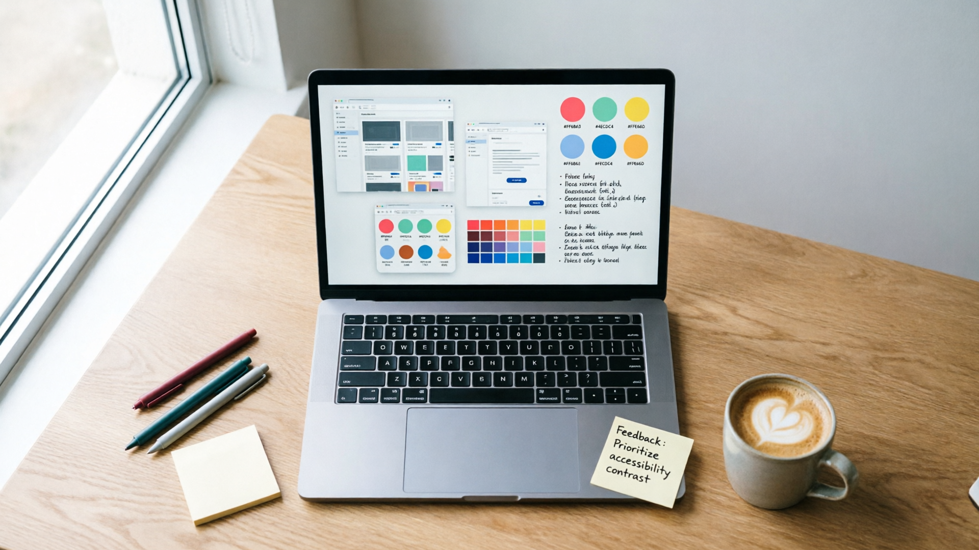 Workspace flatlay with laptop displaying multiple thumbnail variants