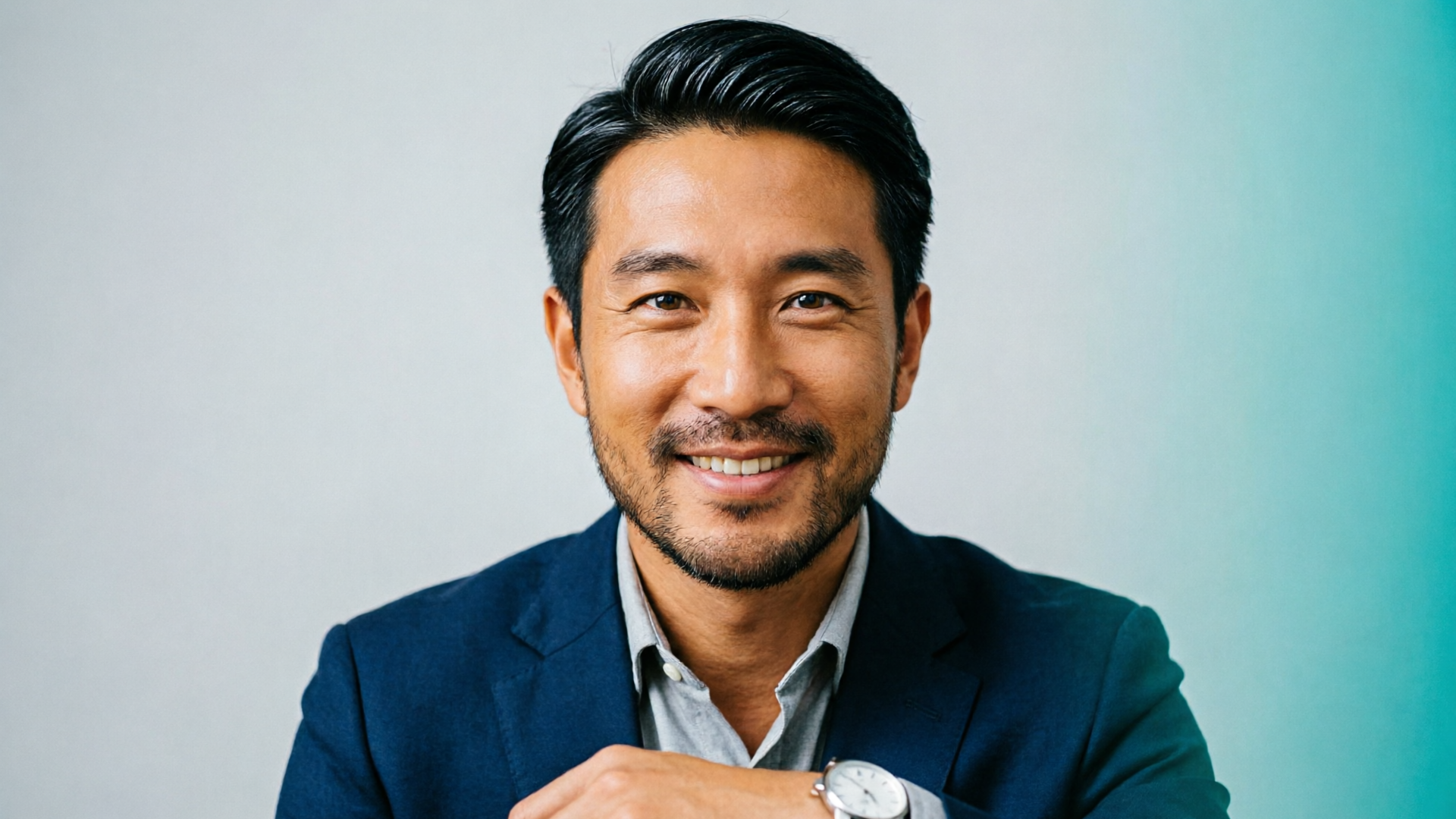 Founder portrait with teal overlay and headline space