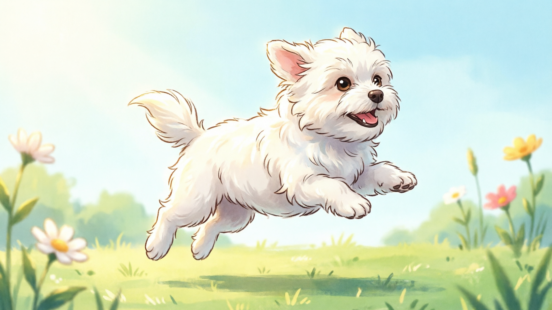 Playful white dog mid-bop, stylized