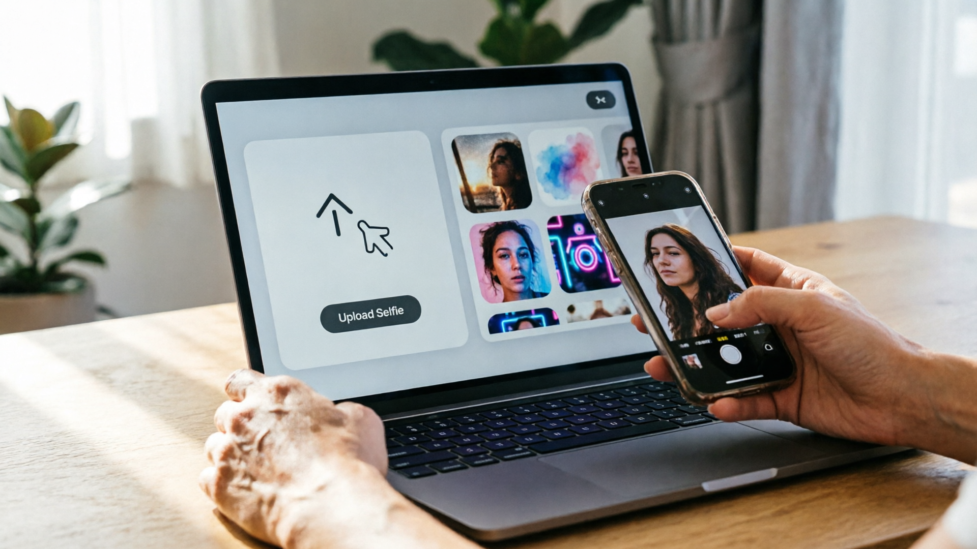 User uploading selfie to effects tool on laptop