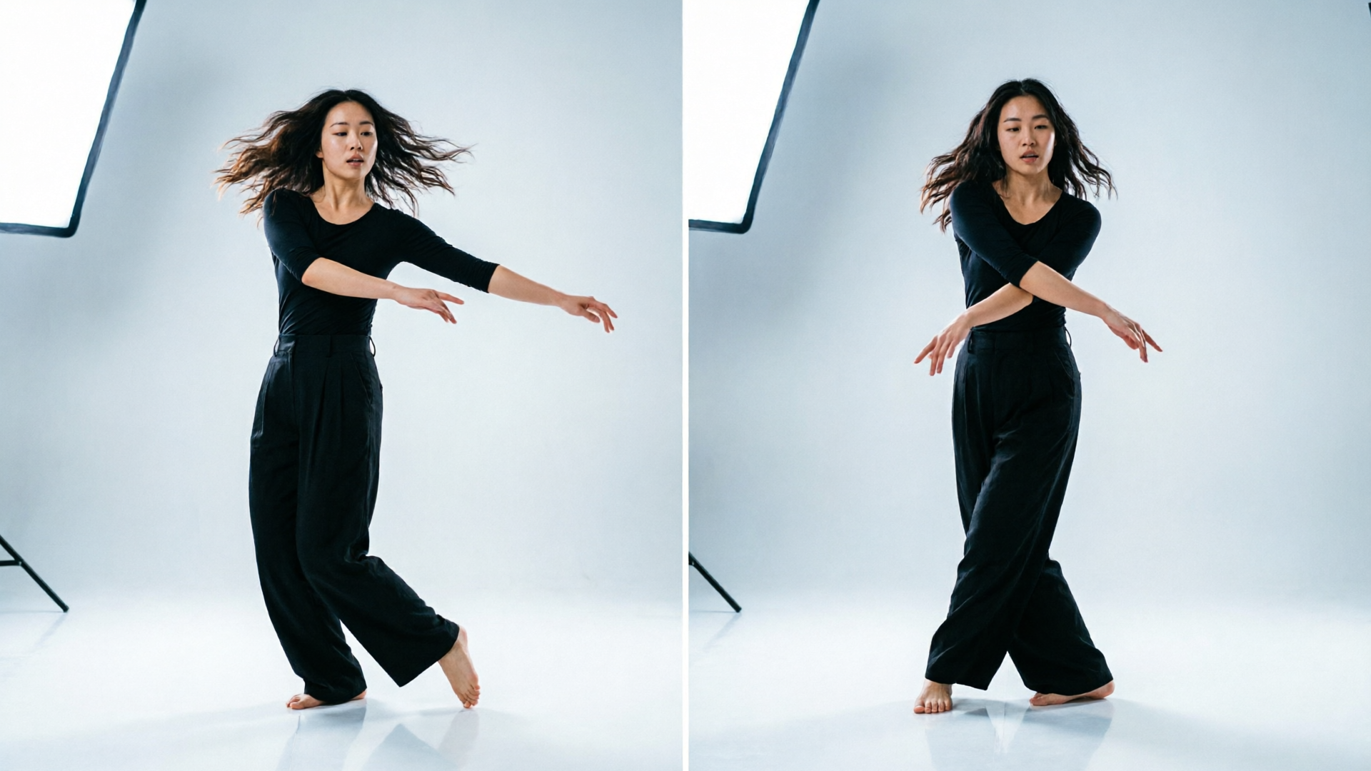 Side-by-side real and AI-generated dance clips