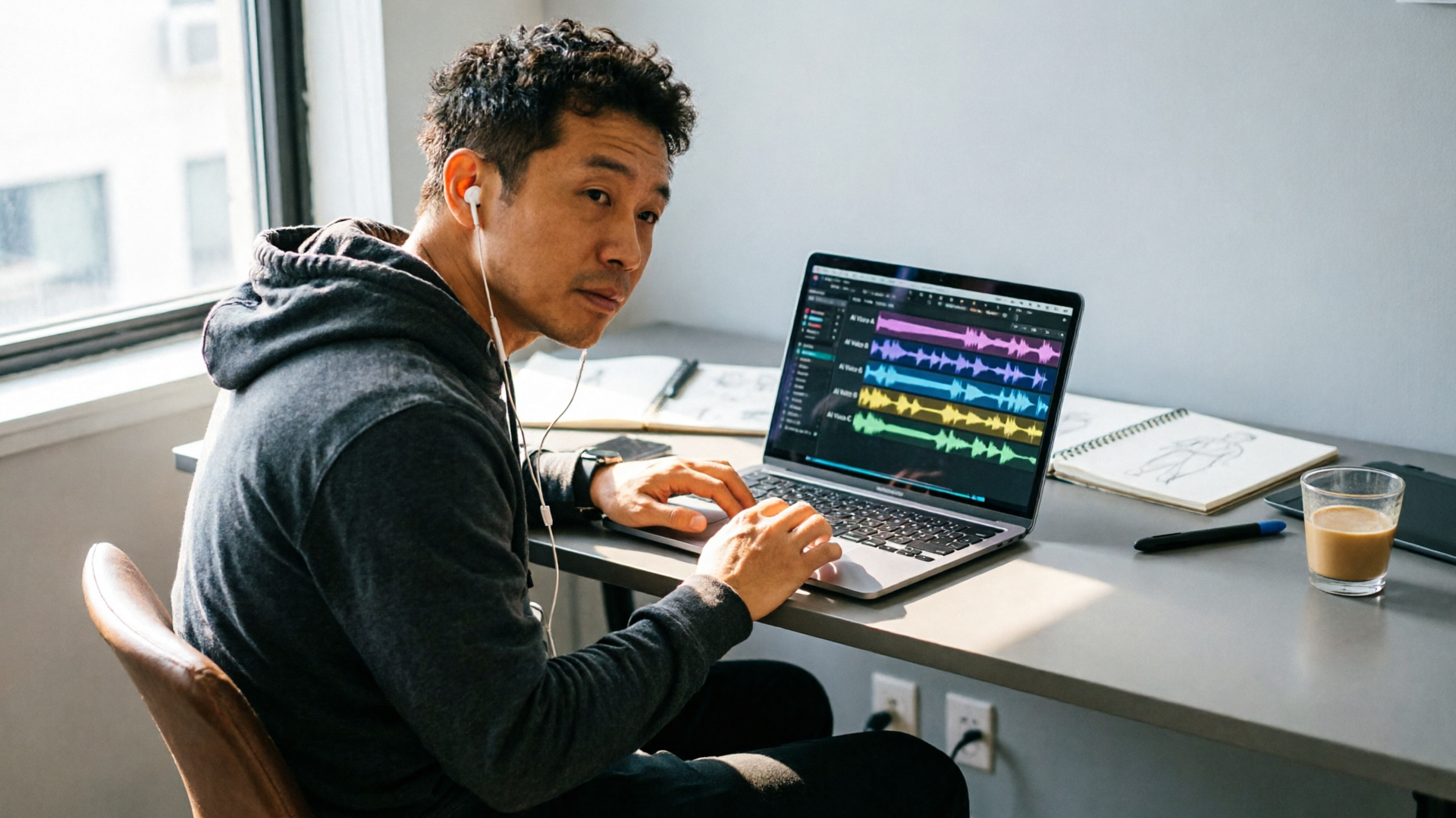 Creator auditioning AI voice clips on headphones at a workstation