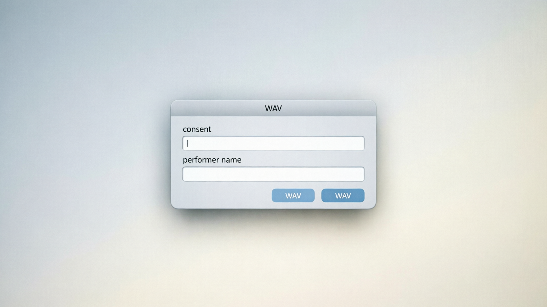 Export dialog showing WAV file export and consent metadata fields