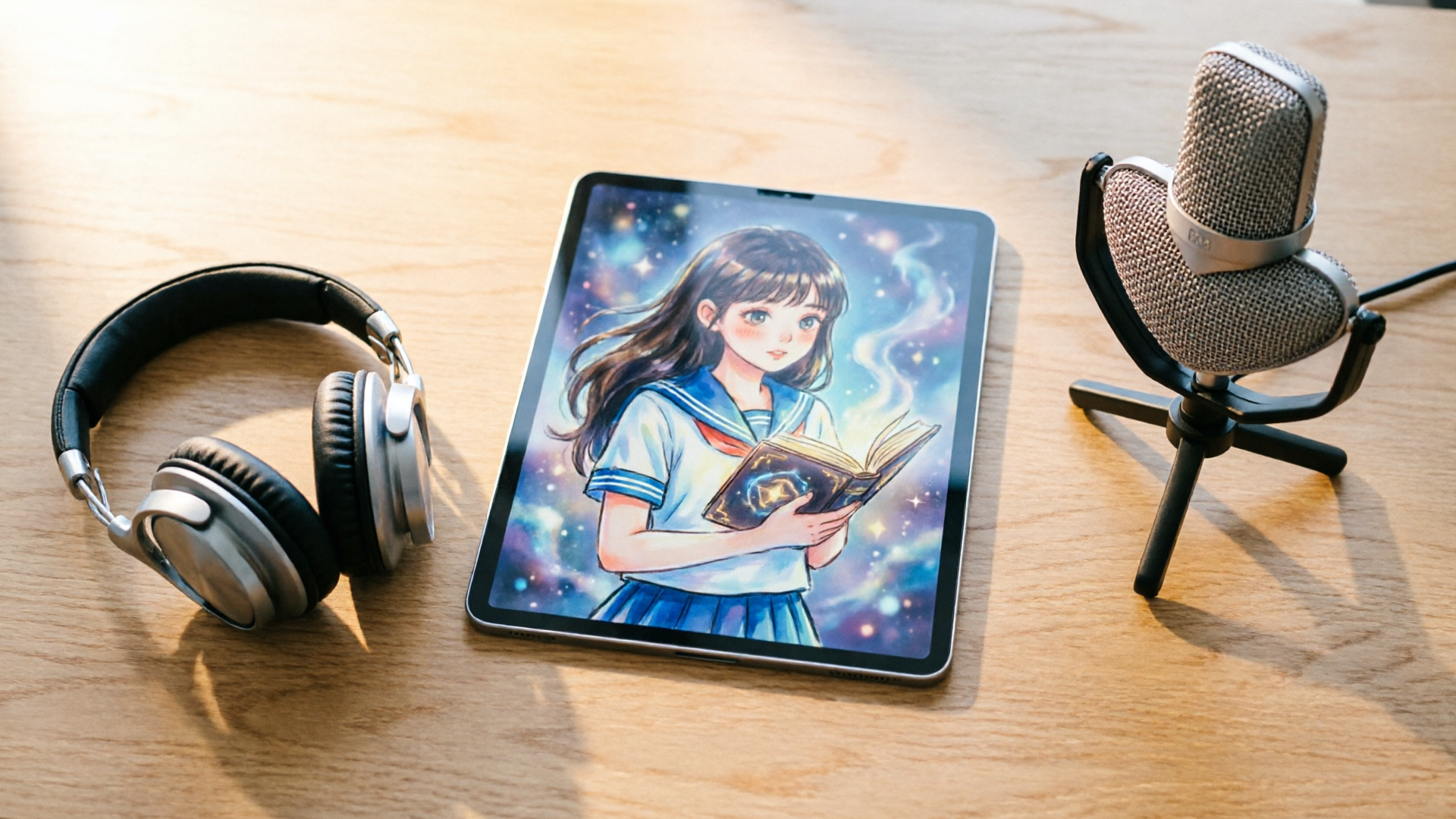 Workspace with tablet, headphones, and microphone showing an illustration