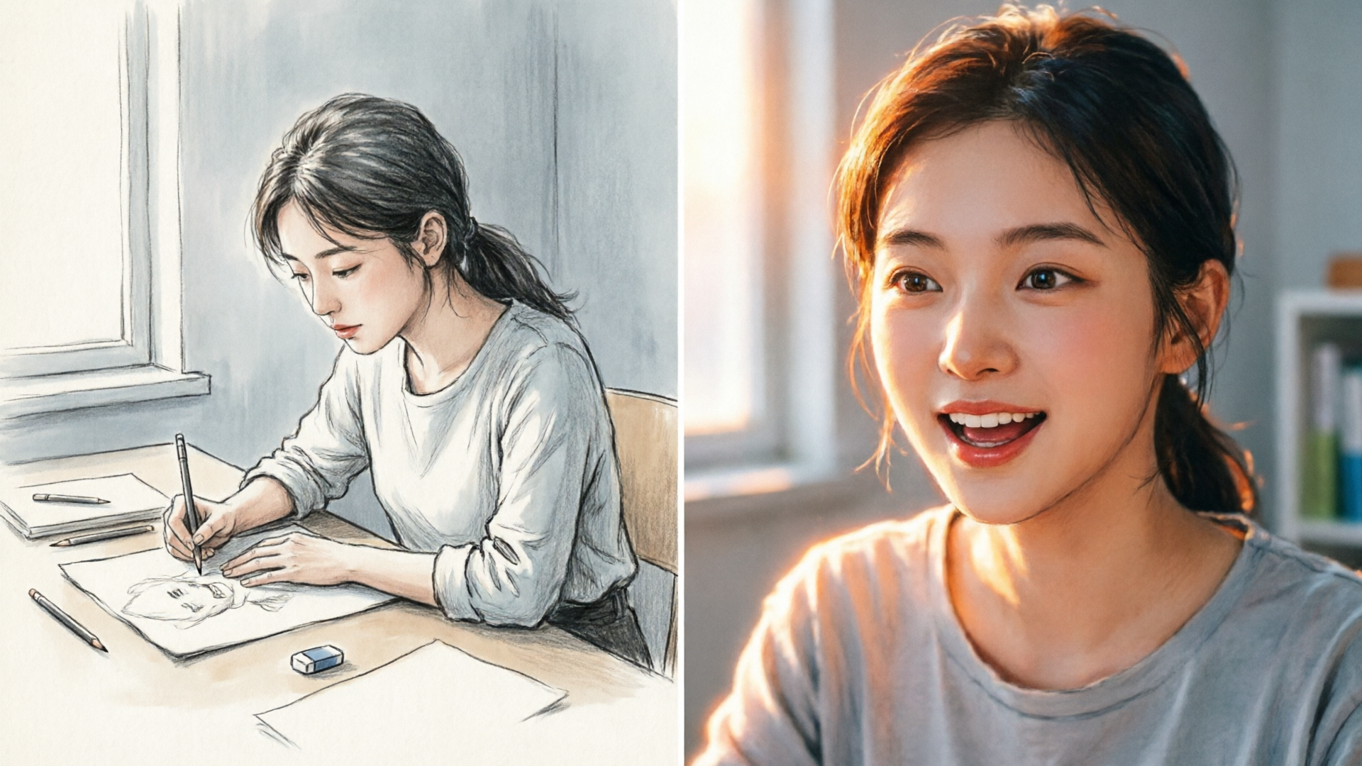 Before-and-after static drawing vs animated talking short