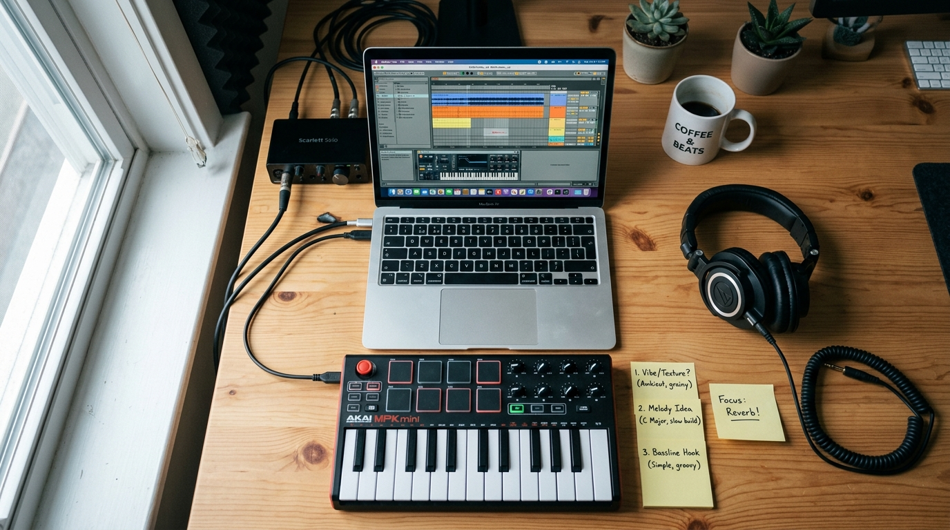 Home recording setup with laptop and MIDI keyboard