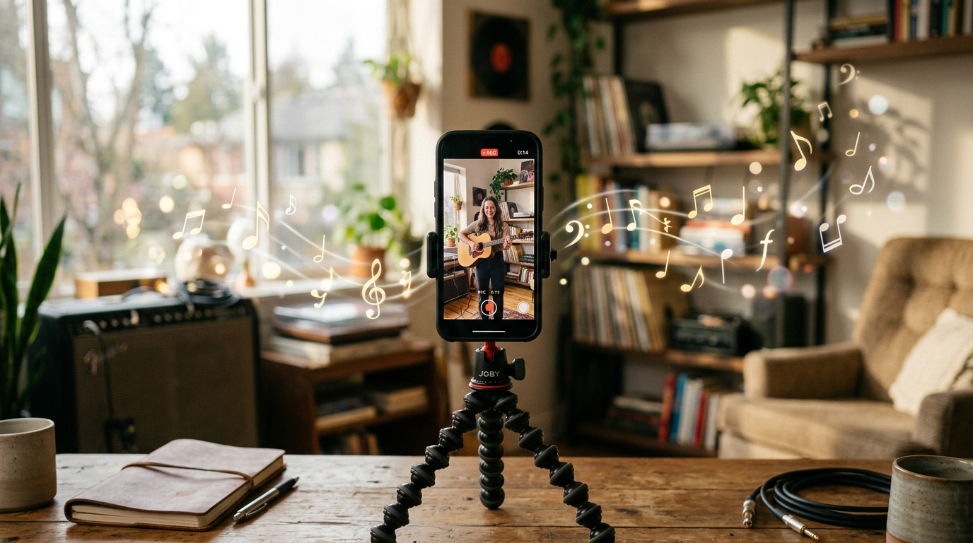 Phone recording a vertical reel with musical motif overlay