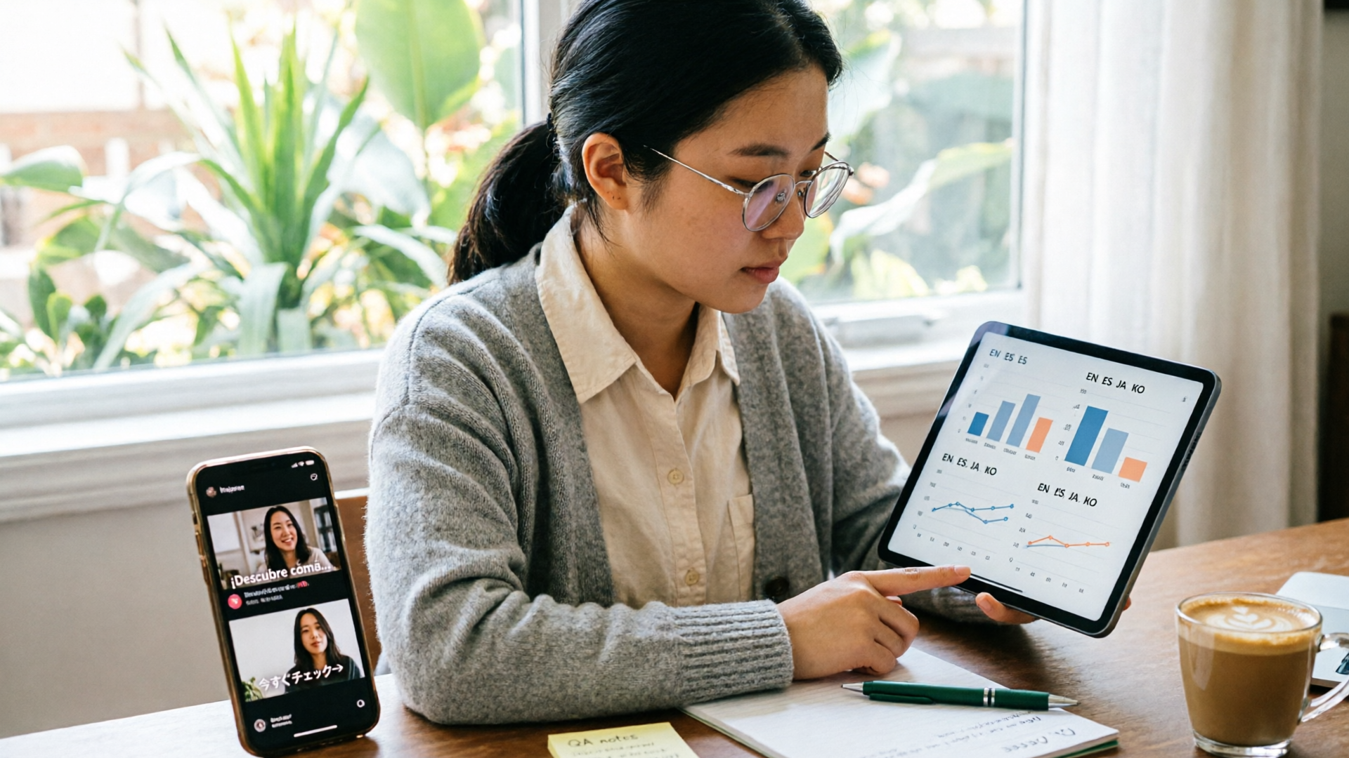 Creator checking localized Reel analytics on tablet while phone plays localized clips
