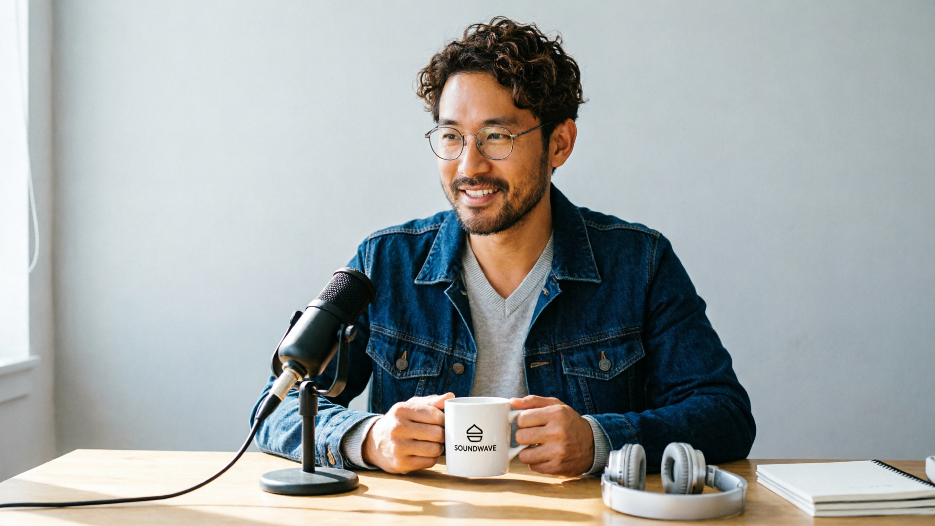 Podcaster at home office with branded mug, square crop for Instagram
