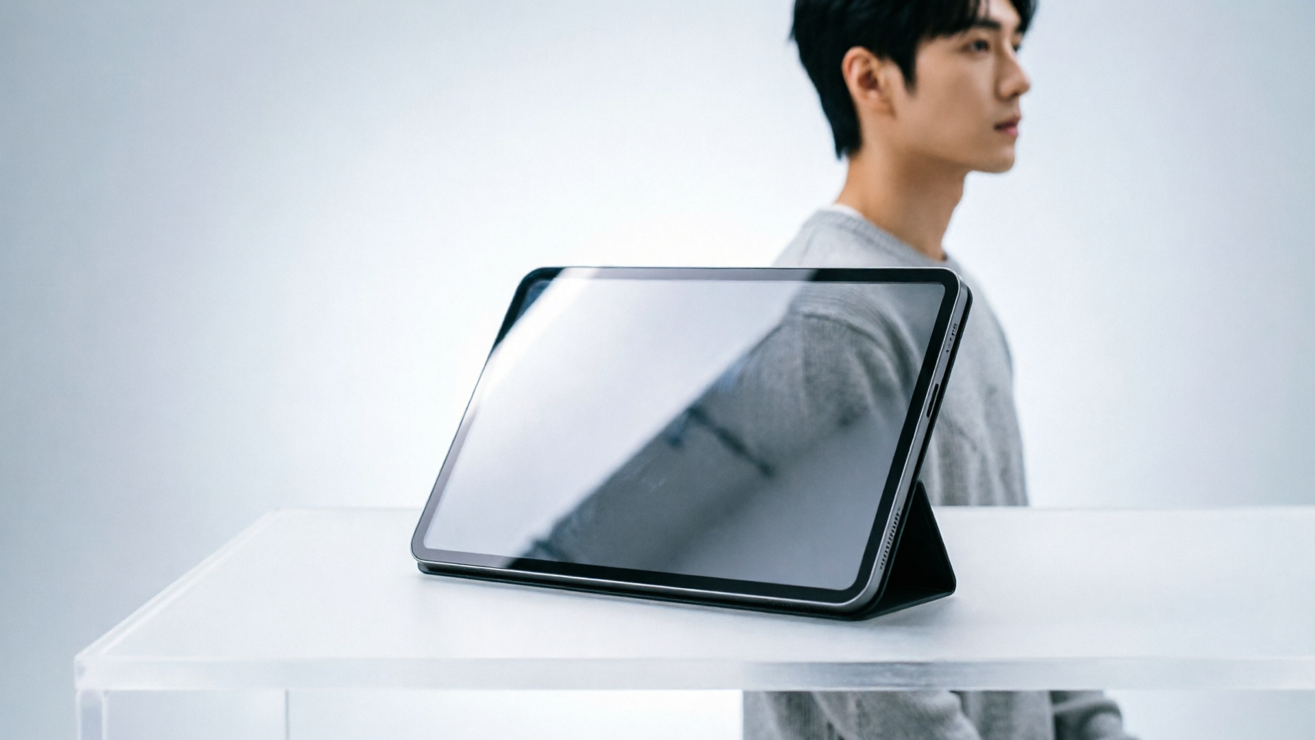 Studio hero product shot with person in background