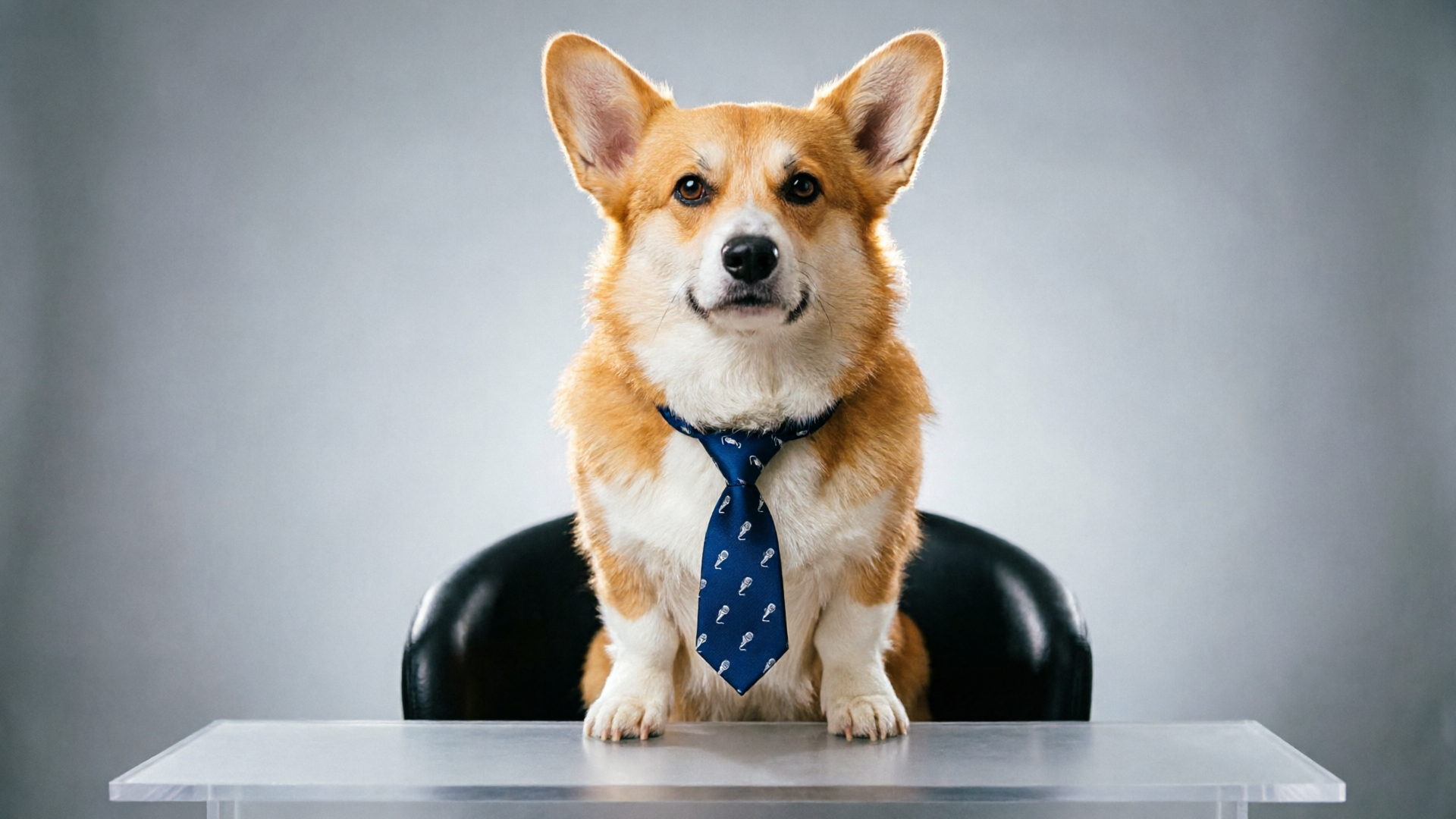 Corgi news‑anchor pose example