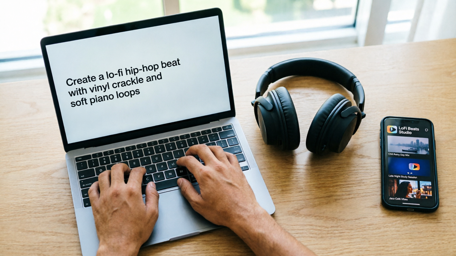 Hands typing a music prompt with headphones and smartphone