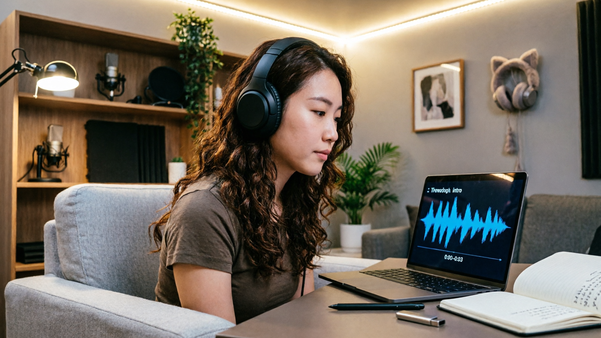 Creator listening to a 3-second intro in a home studio