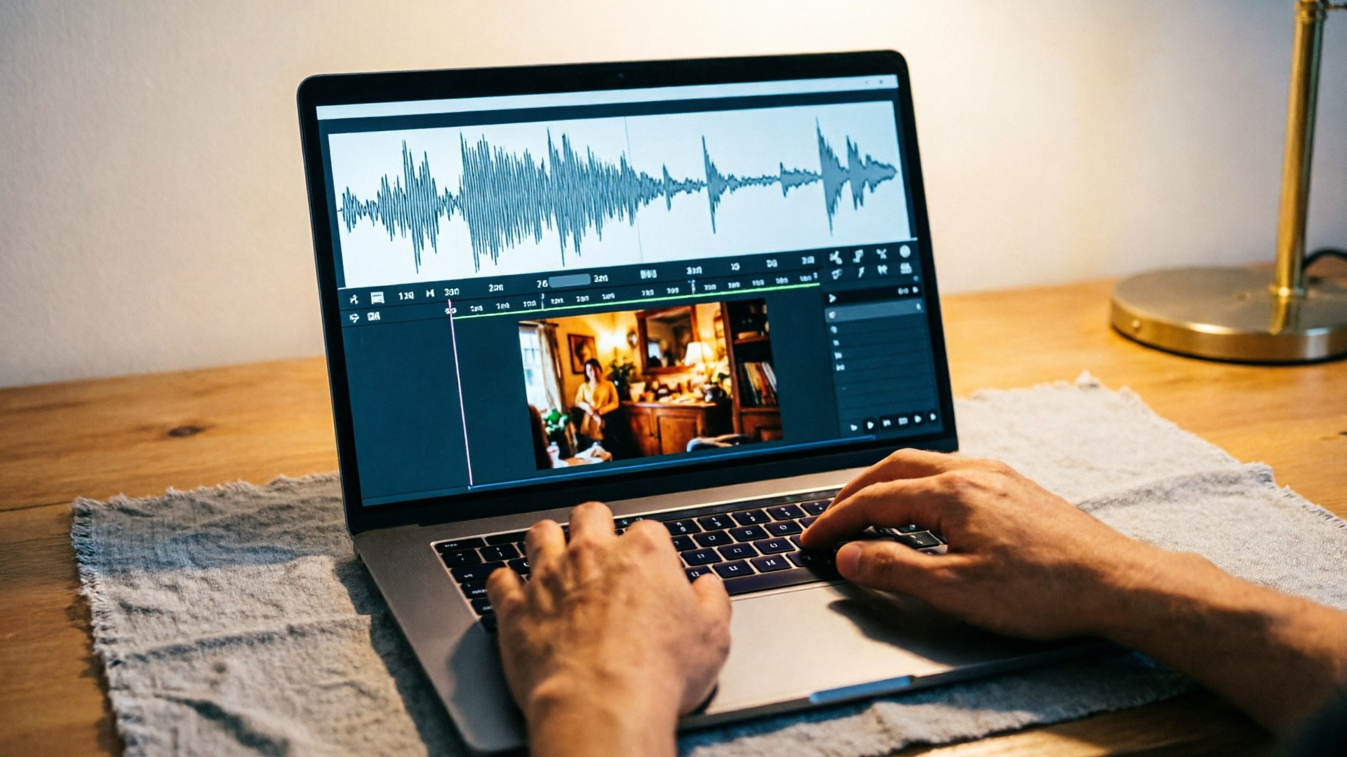Editing timeline with waveform and timestamps on a laptop