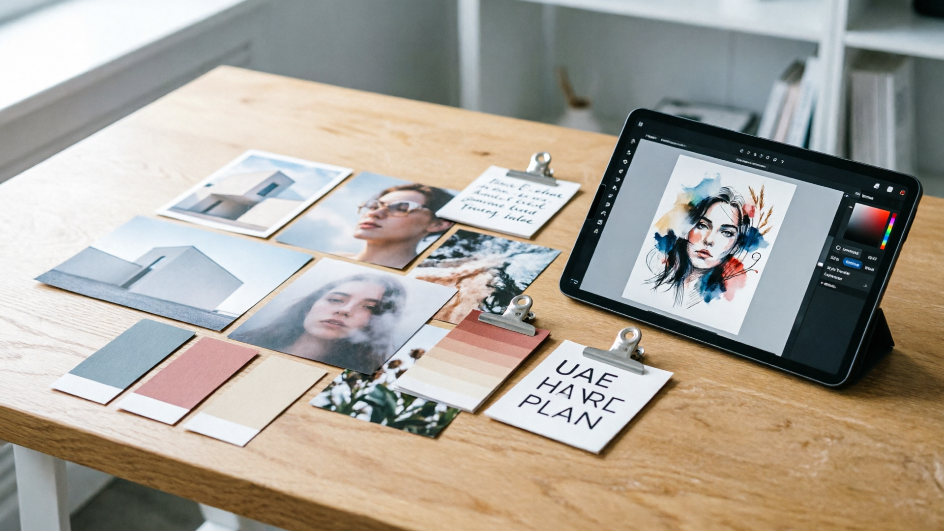 Moodboard with color swatches, photos, and an AI editor on a tablet