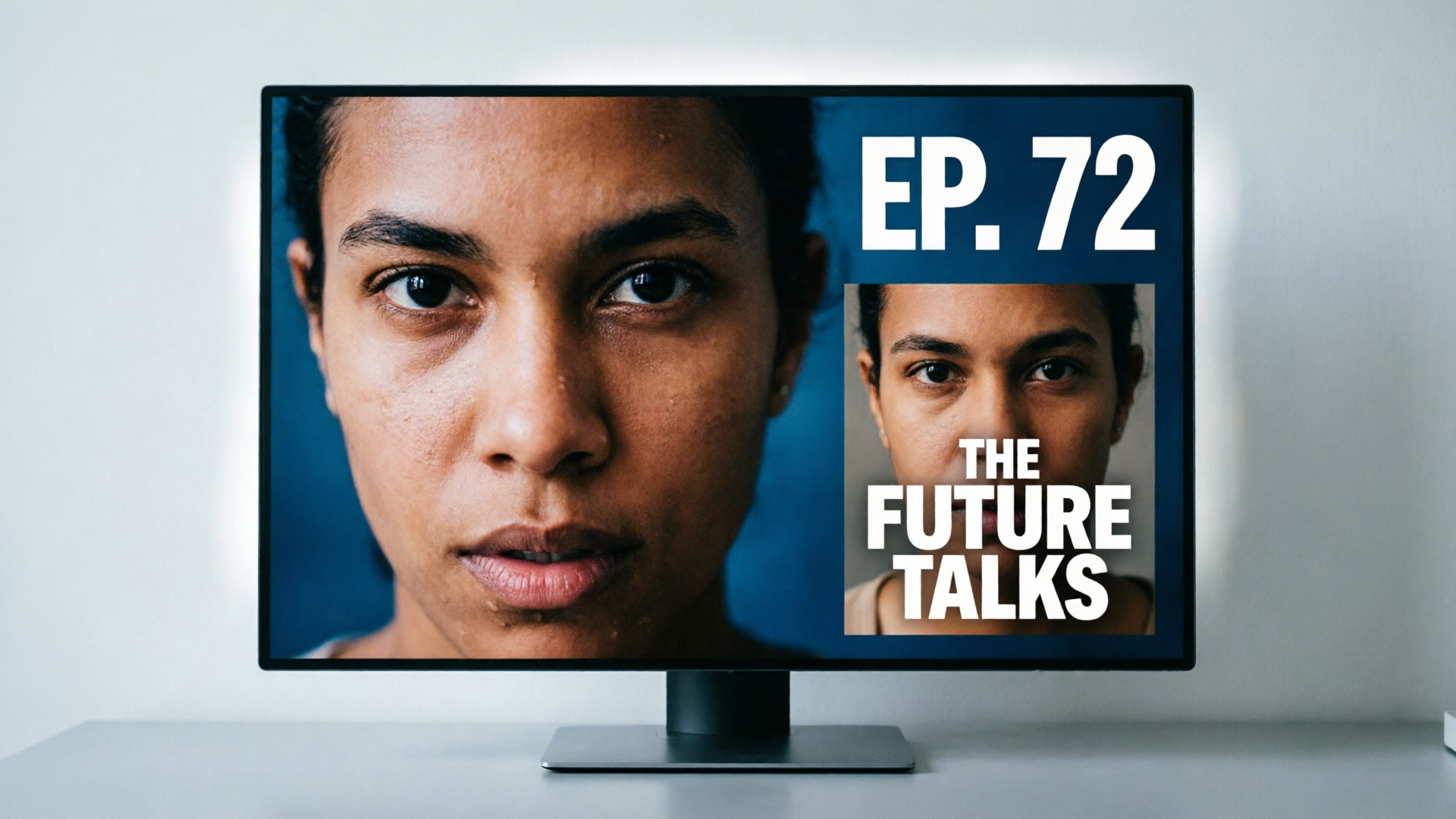 Monitor showing a 16:9 YouTube thumbnail and square podcast cover side-by-side