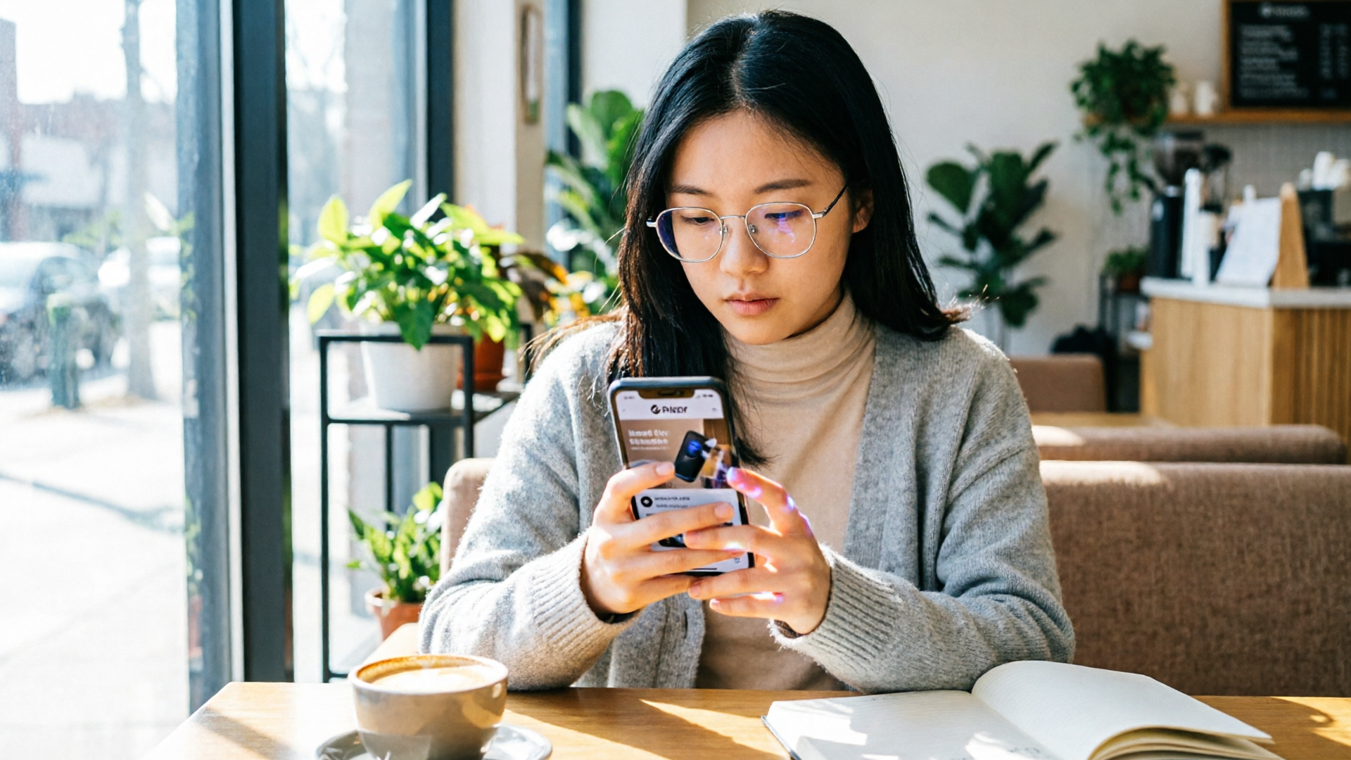 Person holding smartphone watching a vertical product teaser in a cafe