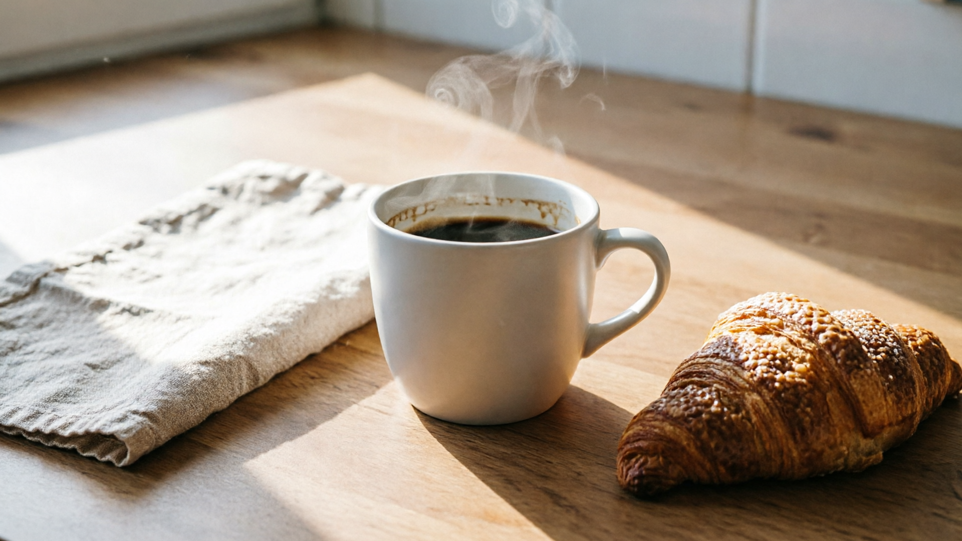 Coffee mug in a styled kitchen scene with warm morning light