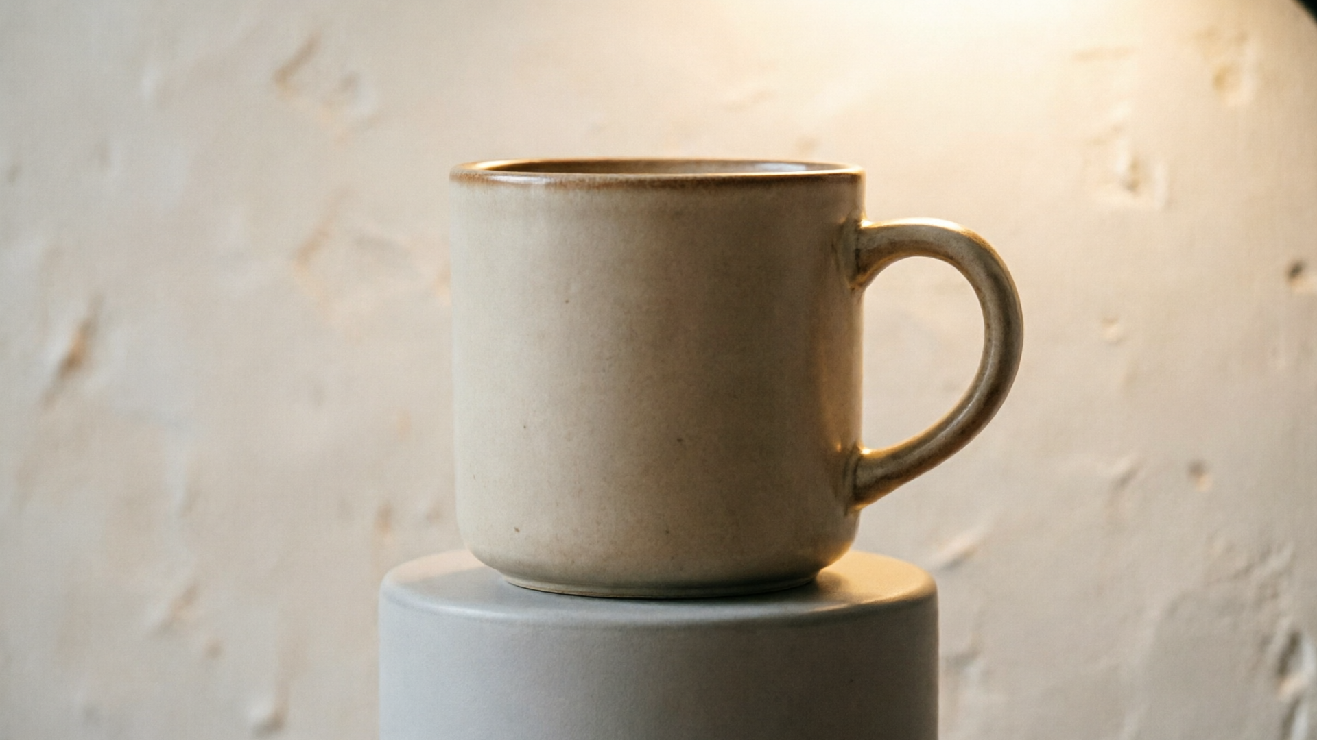 Ceramic mug with subtle parallax and warm lighting, framed for vertical mobile.