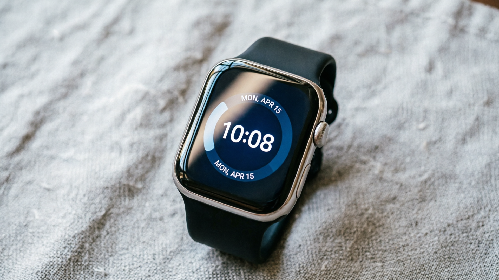 Smartwatch top-down with soft camera push, framed as a square social asset.
