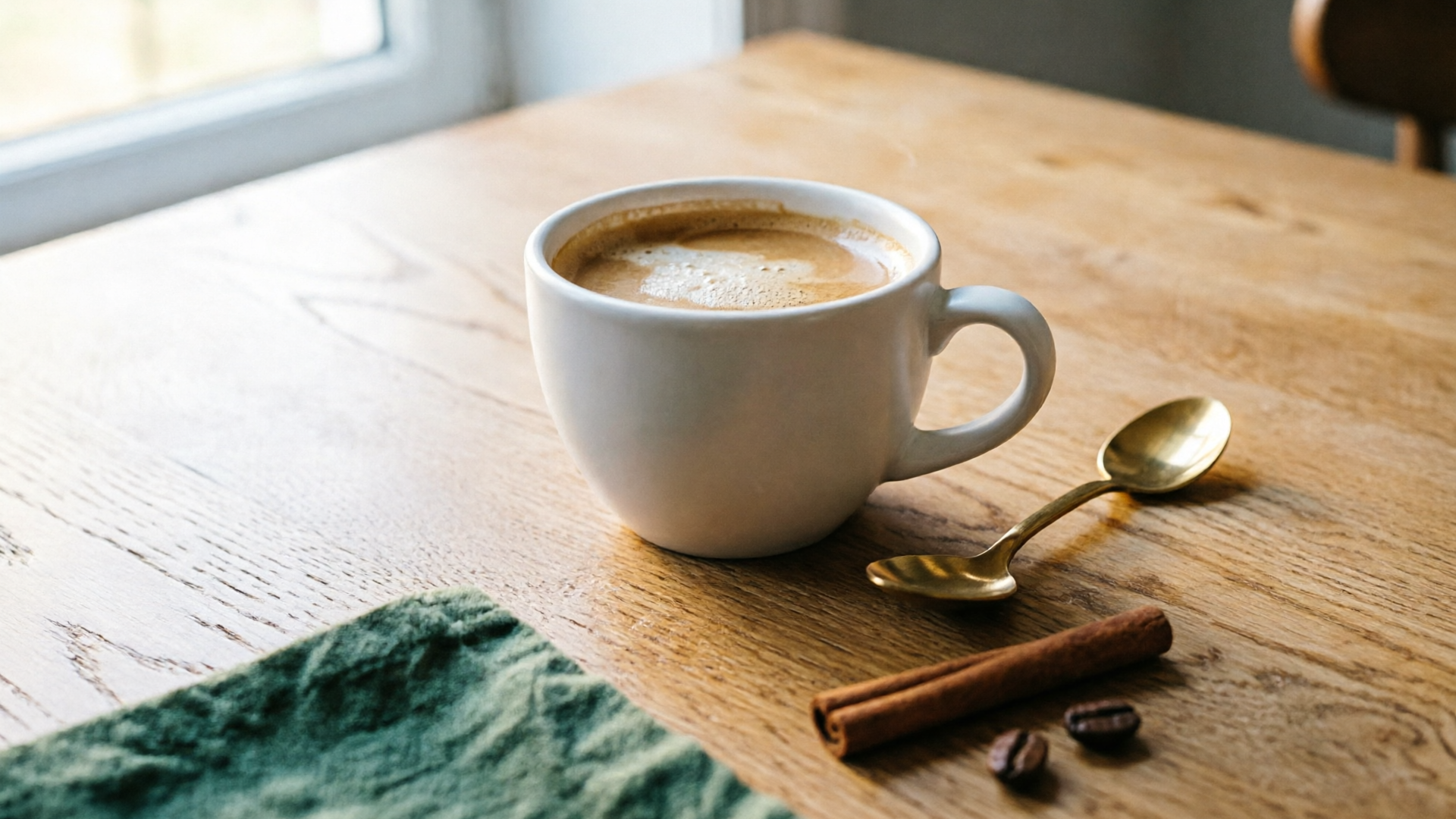 Lifestyle product on wooden table with blurred foreground