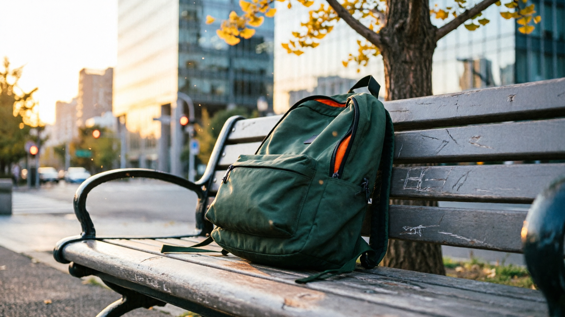 Backpack on urban bench with evening light and camera pan