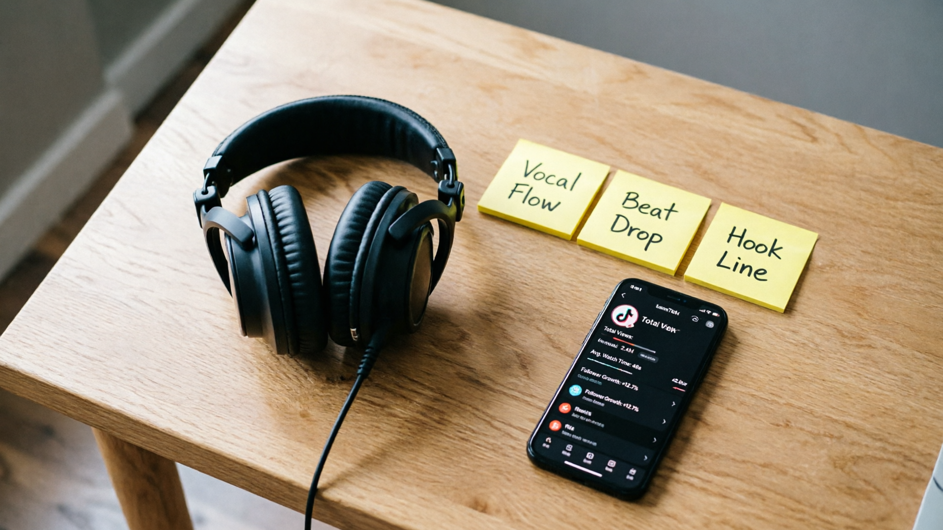 Sticky notes with short lyric next to headphones and phone