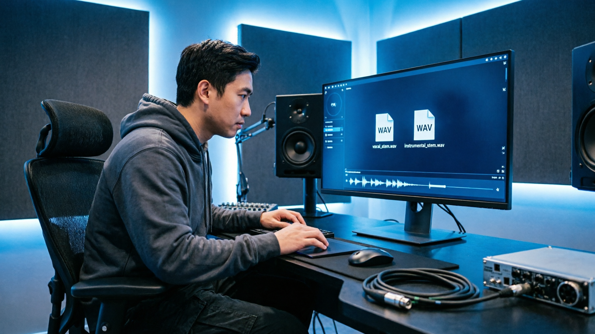 Screen exporting vocal and instrumental stems from an AI music interface