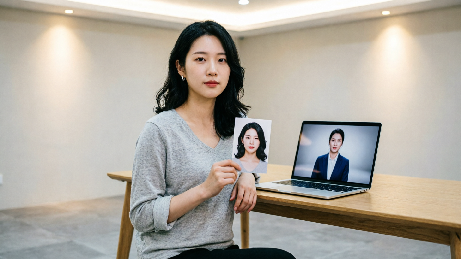 Creator converting a photo into an AI news anchor clip on laptop