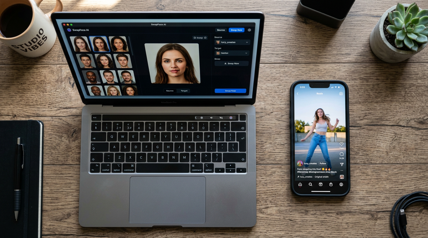 Laptop and phone displaying face-swap app and Reel export