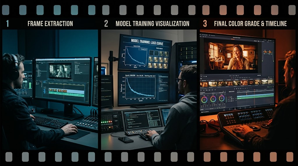 Three-panel production workflow showing extraction, model training, and color grade