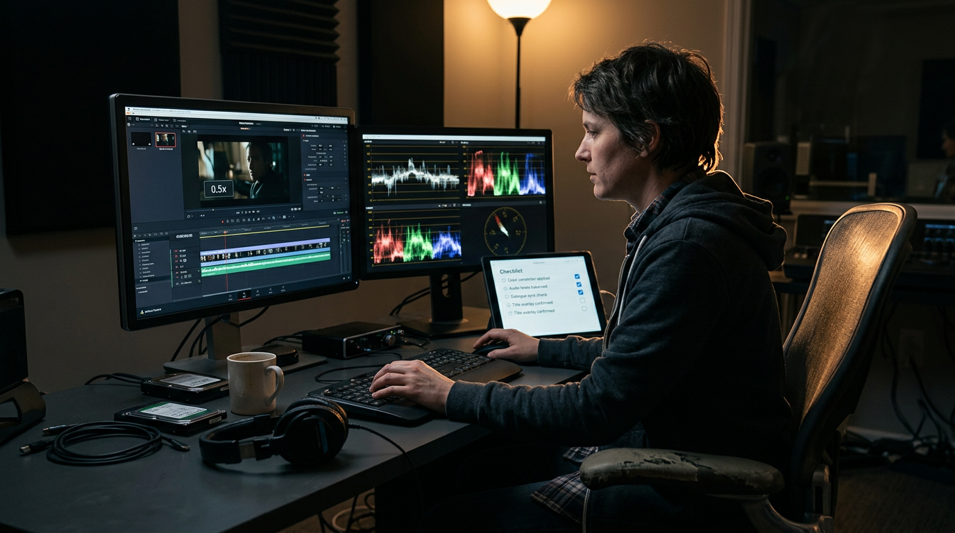 Editor reviewing video playback and fidelity checklist at a desk