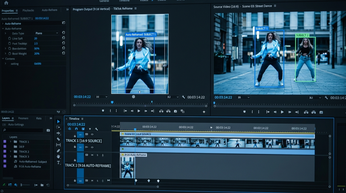 Timeline UI with auto-reframe and subject tracking