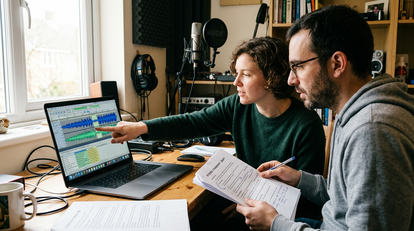 Creators reviewing translations and waveform on a laptop