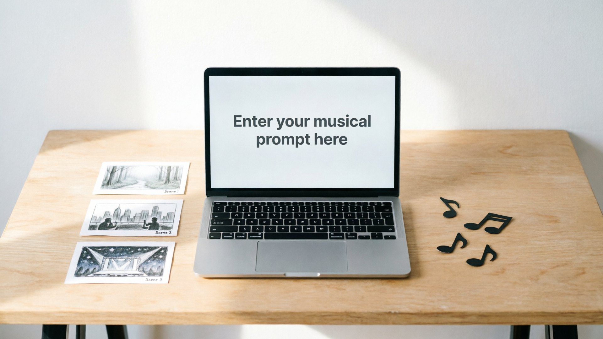 Storyboard and notes beside a laptop with an AI music prompt