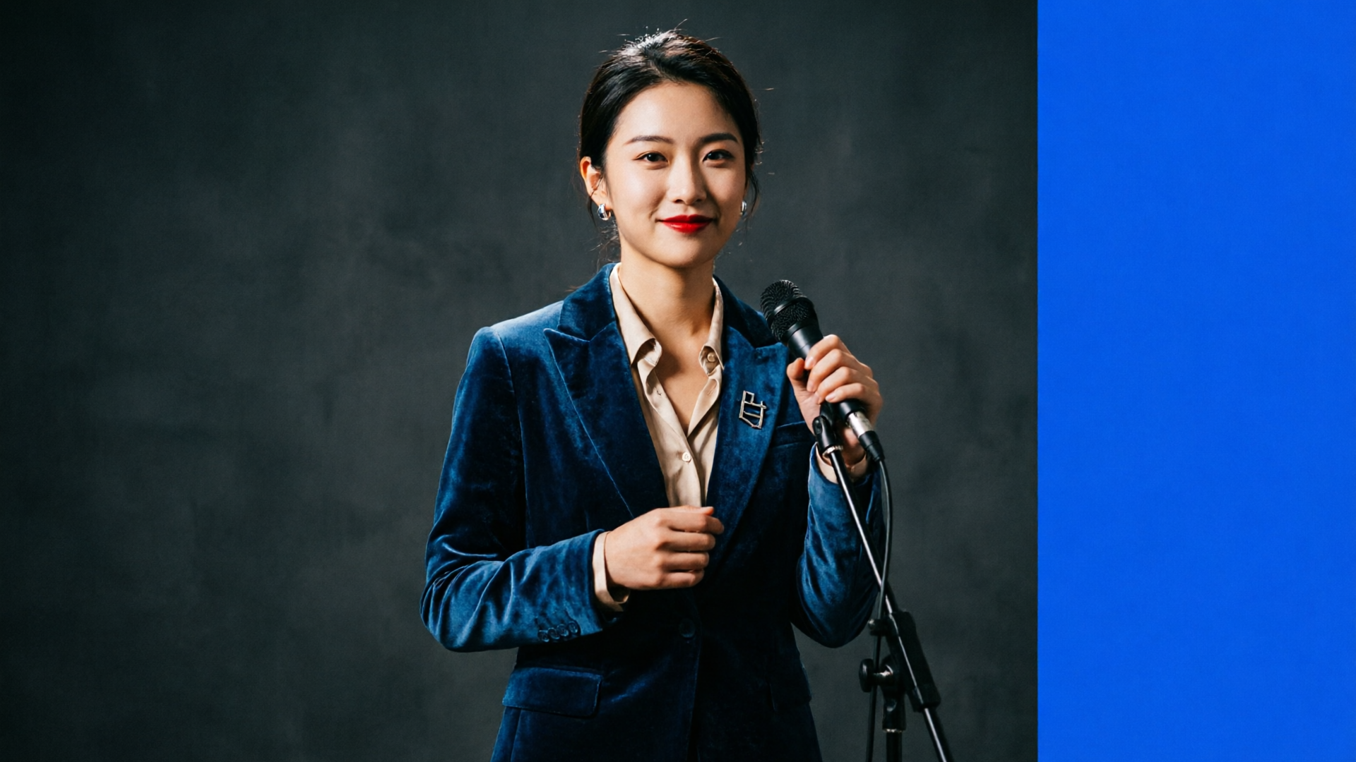 Vertical story crop of host with microphone and bold overlay area