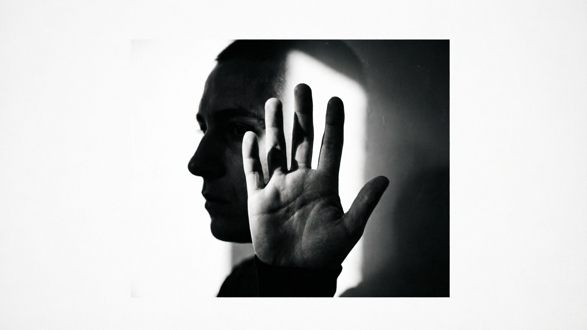 Monochrome moody portrait with strong negative space for title