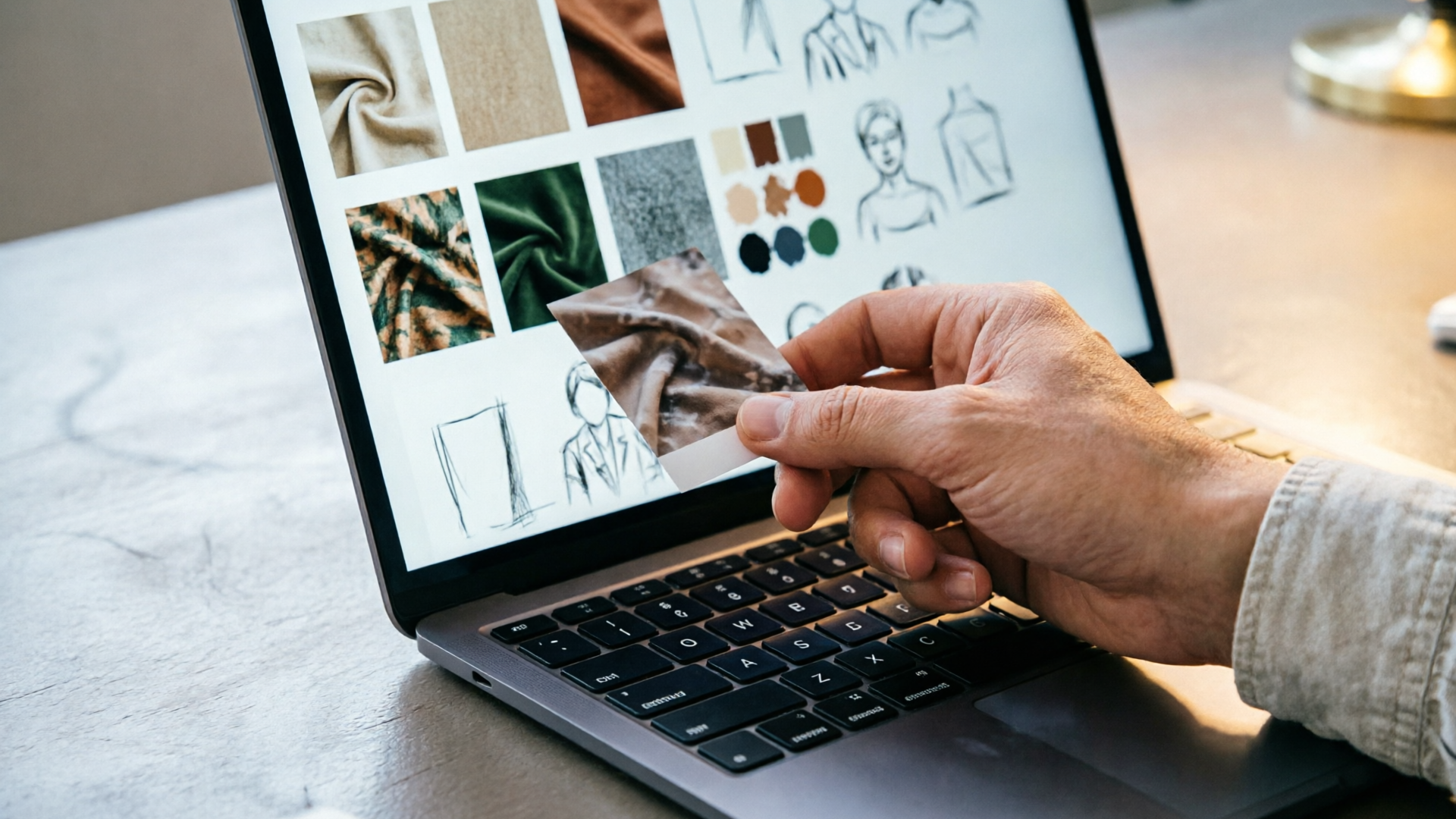 Hand uploading reference photo to laptop with moodboard thumbnails visible