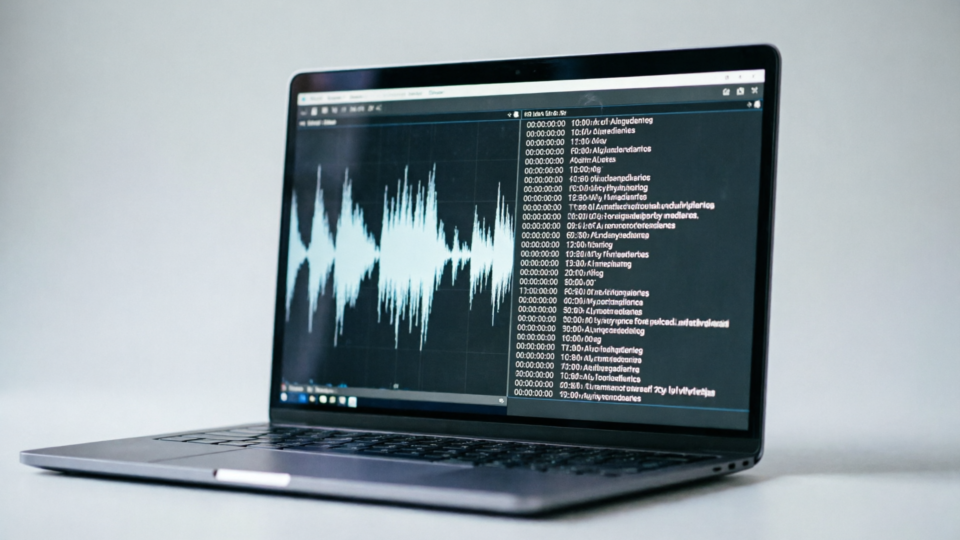 Laptop with waveform editor and timecoded transcript