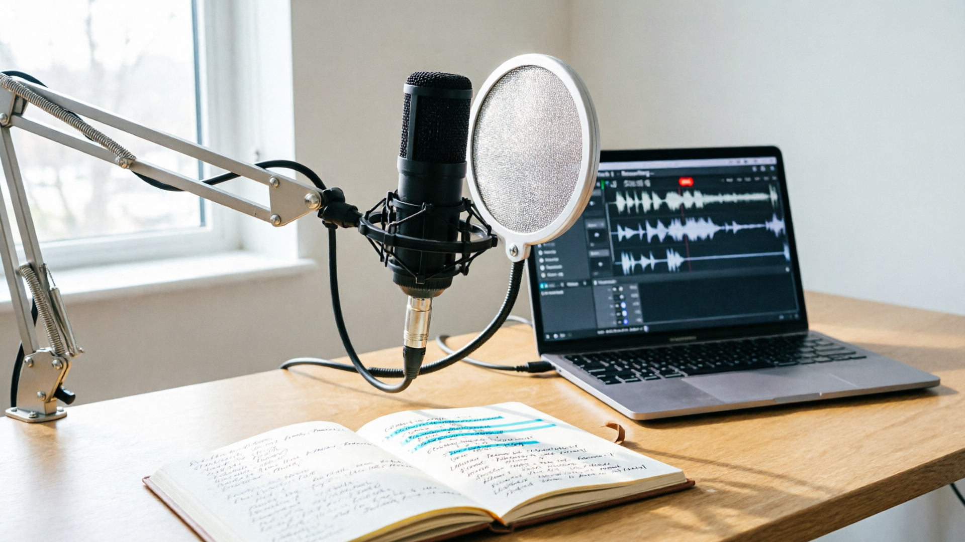 Recording setup with microphone, pop filter, and translation notes