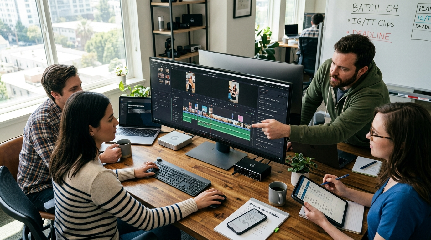 Desktop team batching captioned clips with editor visible