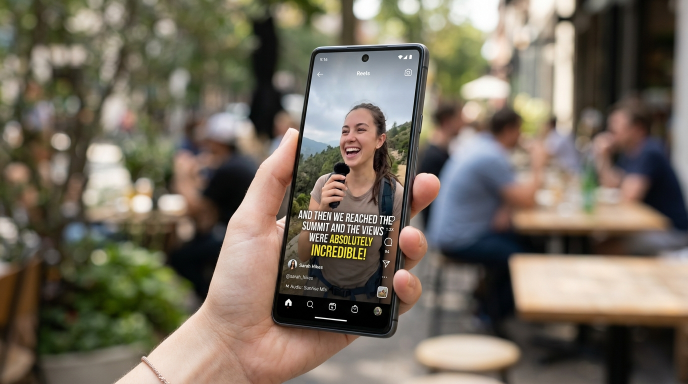 Mobile phone playing a captioned short-form video with highlighted words
