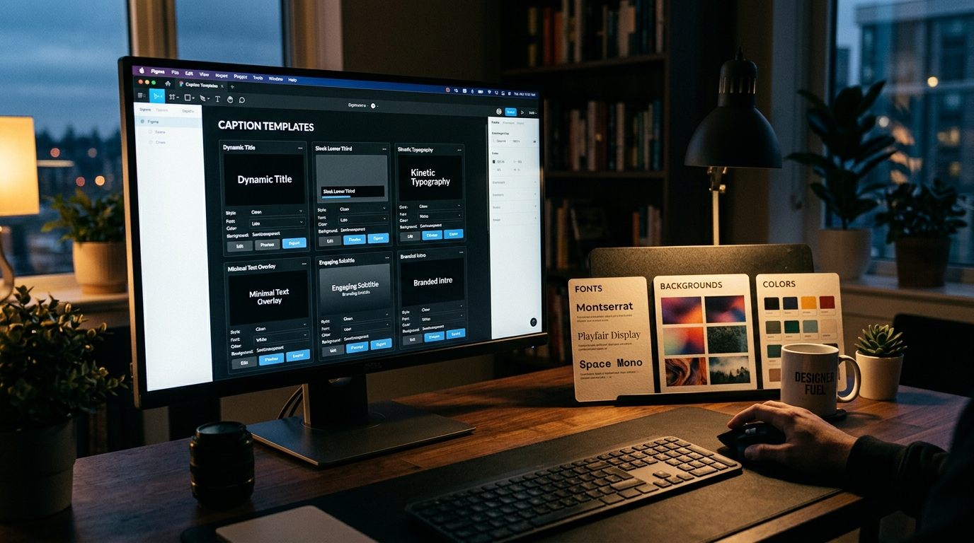 Monitor displaying caption templates and asset library in a studio