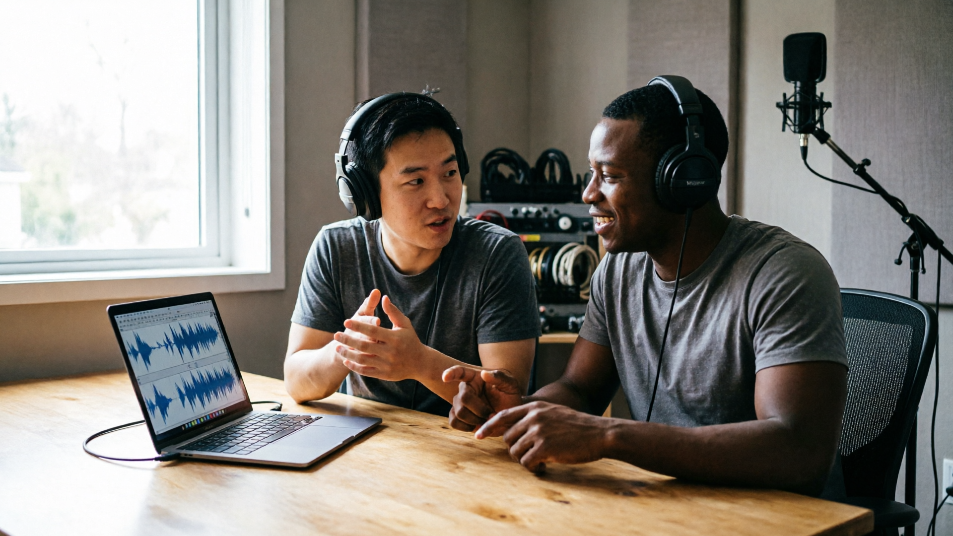 Creators reviewing audio with headphones
