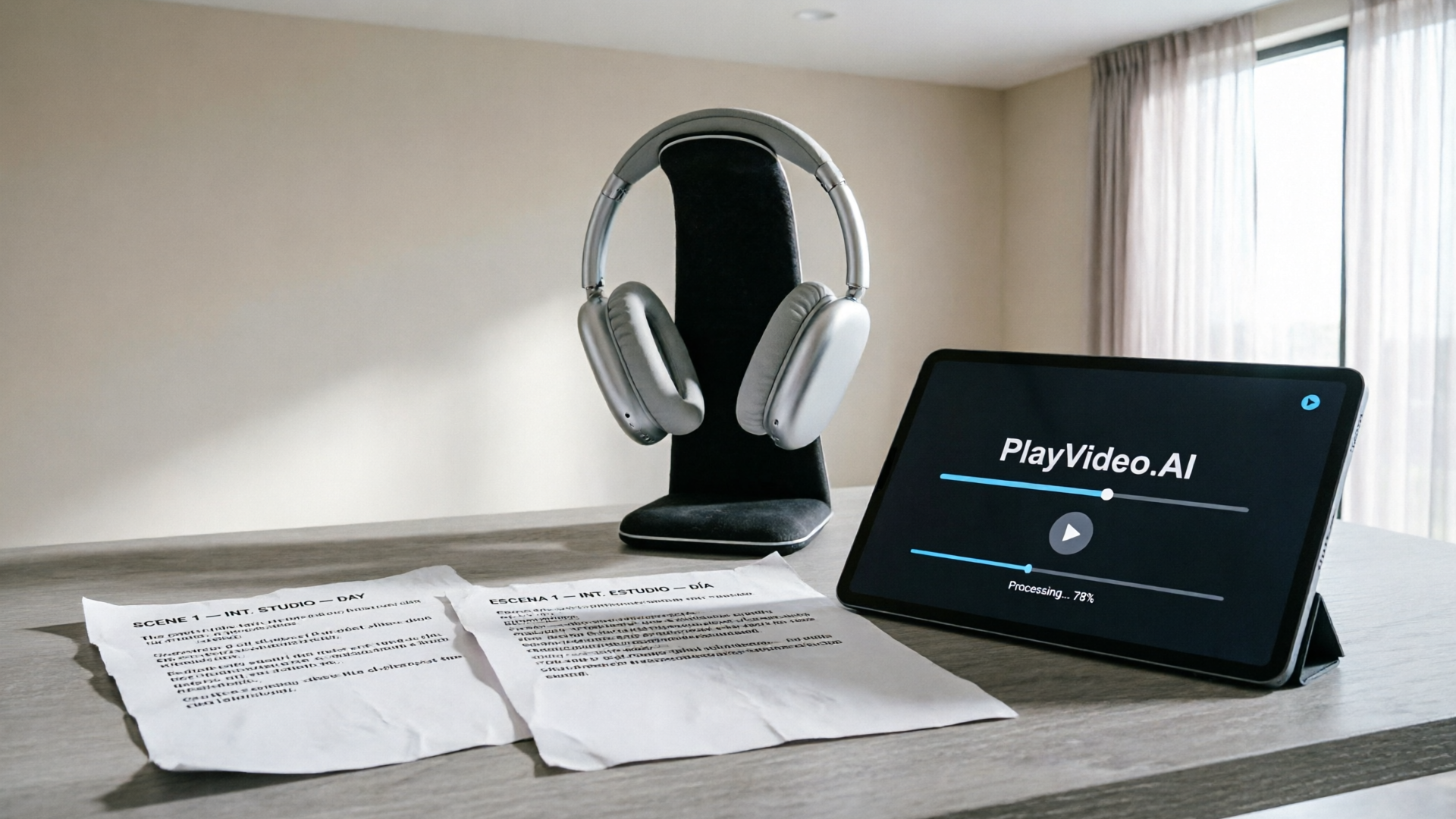 Bilingual script and PlayVideo.AI interface on tablet