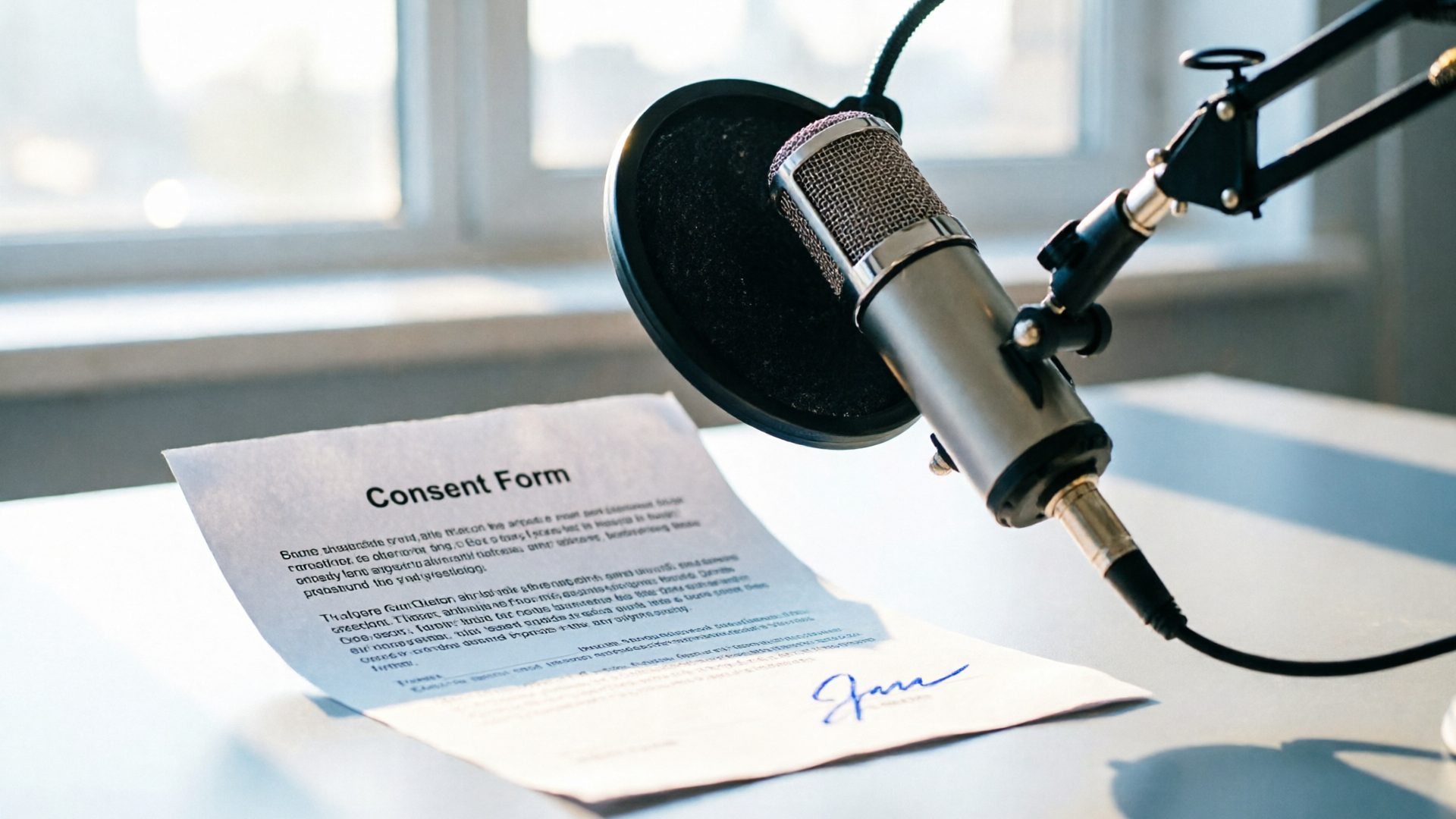 Microphone and a signed consent form on a desk