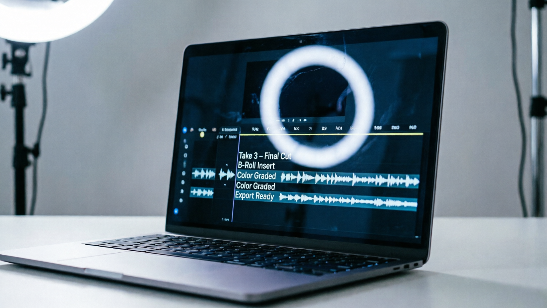 Video edit timeline with audio waveform and captions visible