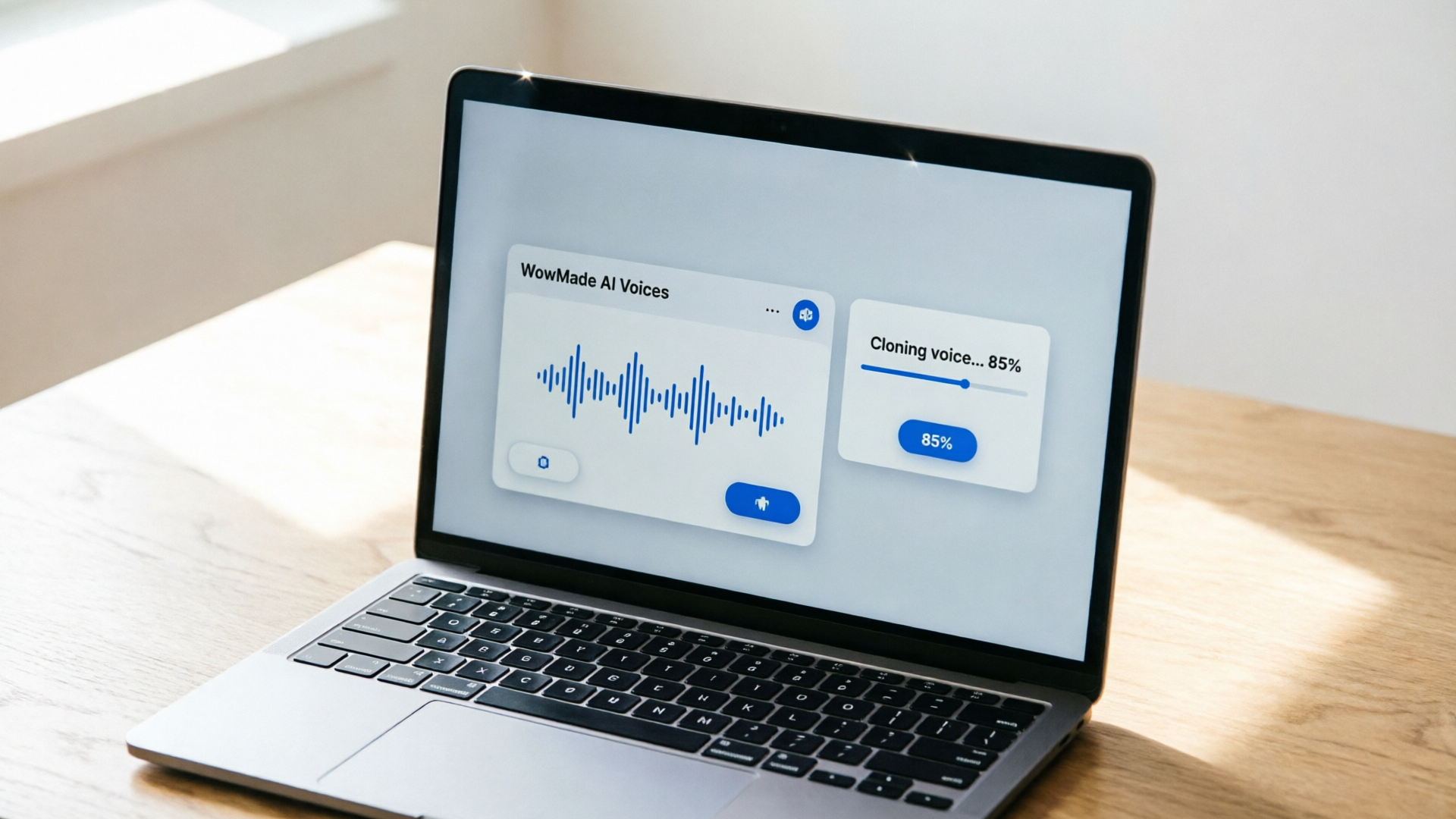Laptop screen with AI voice cloning interface and waveform