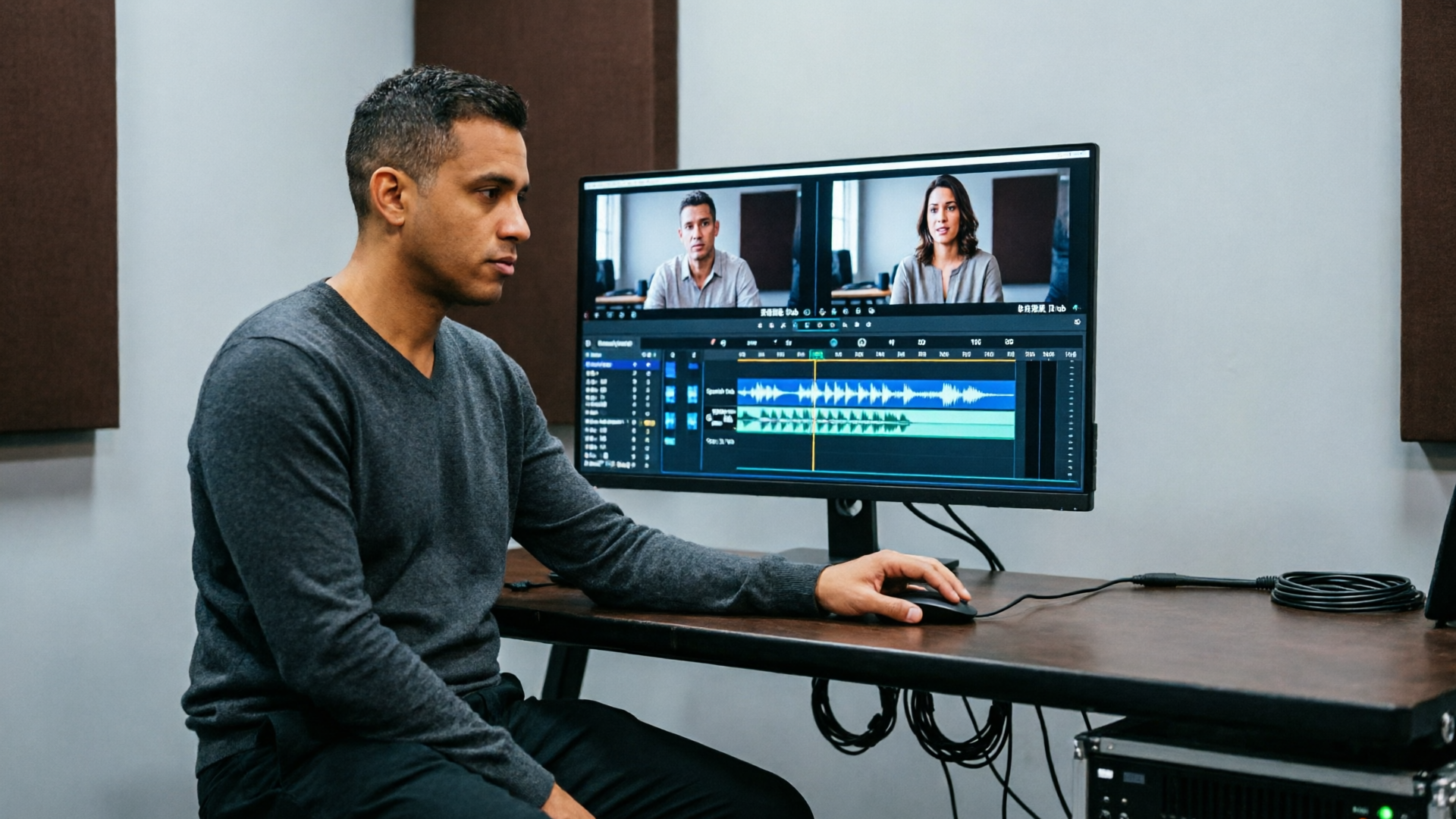 Editor syncing dubbed Spanish audio on a video timeline