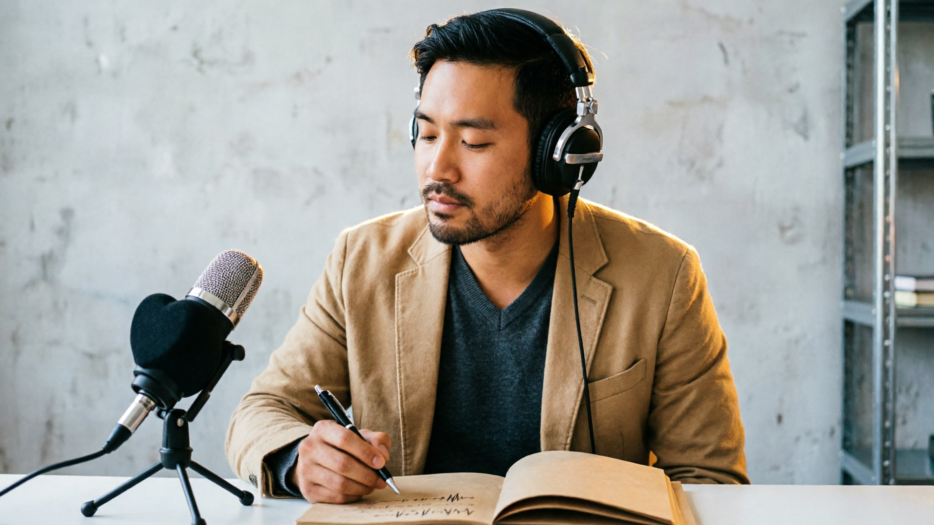 Podcaster wearing headphones and taking notes while monitoring a recording